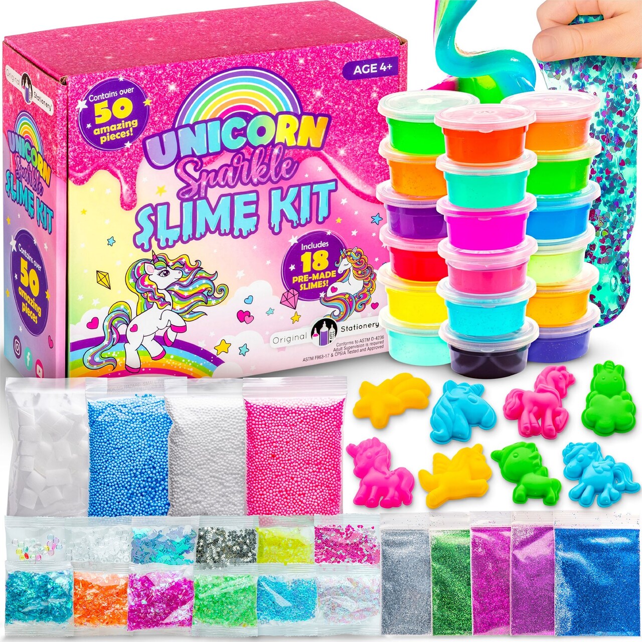 Original Stationery Unicorn Sparkle Slime Kit, 50-Piece Unicorn Slime Kit with 18pcs Pre-Made Slime, Awesome Gift Idea and Slime Kit for Girls 10-12